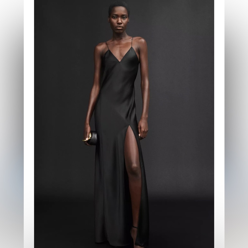 Zara Black Satin Slip Gown with High Thigh Slit